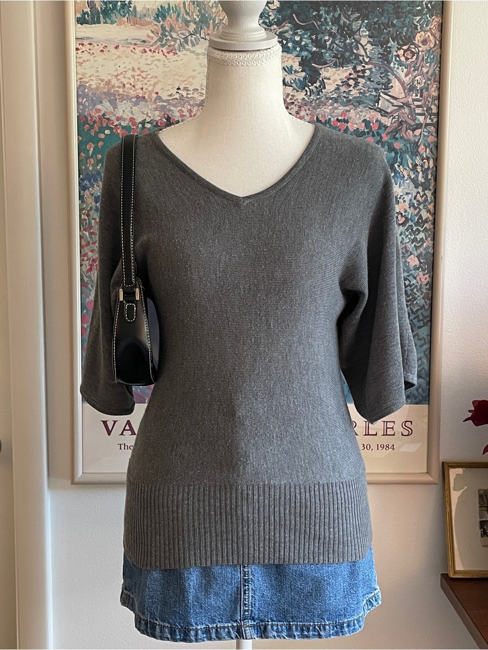 Vintage Y2K Sweater XS Gray V-Neck Dolman Sleeve Downtown Girl Indie Sleaze 90s